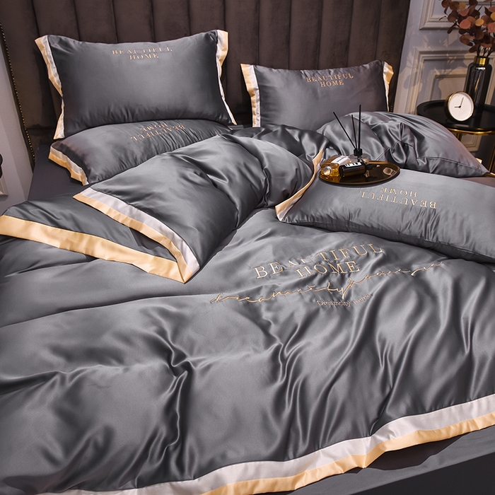 91家纺网 家纺一手货源 找家纺 首尔家纺 2026春夏新款水洗真丝绣花四件套寐系列 银灰