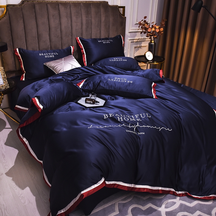 91家纺网 家纺一手货源 找家纺 首尔家纺 2026春夏新款水洗真丝绣花四件套寐系列 深蓝