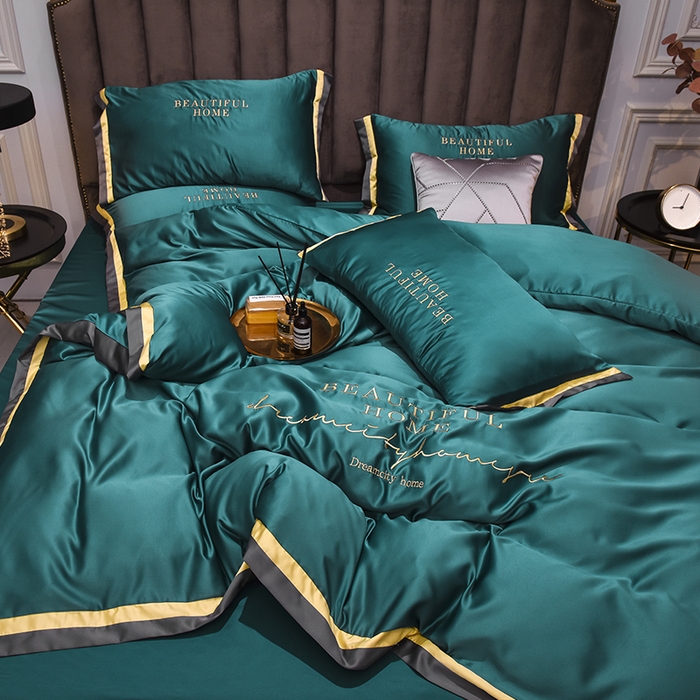 91家纺网 家纺一手货源 找家纺 首尔家纺 2026春夏新款水洗真丝绣花四件套寐系列 原野绿