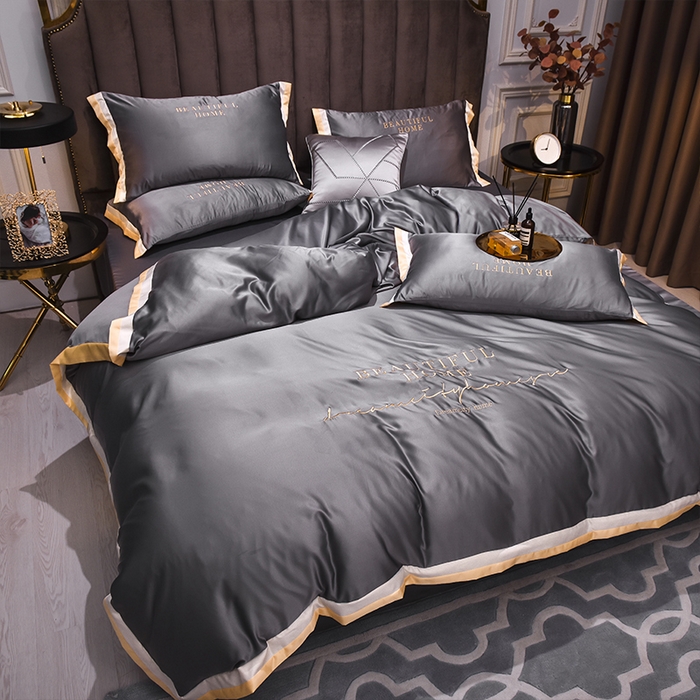 91家纺网 家纺一手货源 找家纺 首尔家纺 2026春夏新款水洗真丝绣花四件套寐系列 银灰