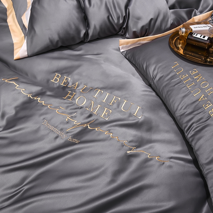 91家纺网 家纺一手货源 找家纺 首尔家纺 2026春夏新款水洗真丝绣花四件套寐系列 银灰