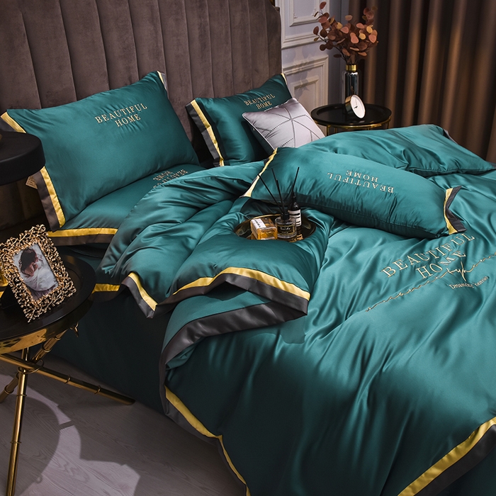 91家纺网 家纺一手货源 找家纺 首尔家纺 2026春夏新款水洗真丝绣花四件套寐系列 原野绿