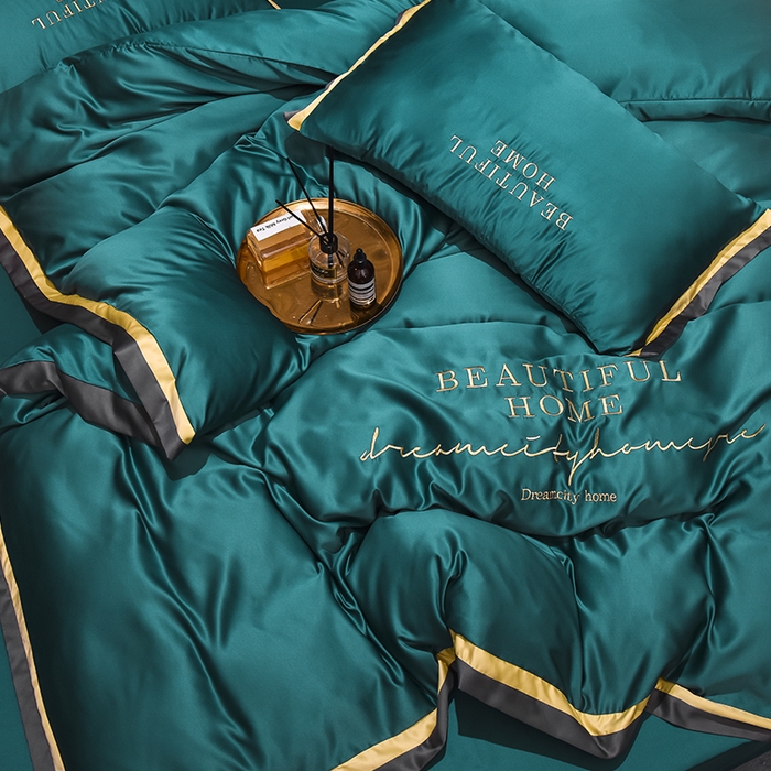 91家纺网 家纺一手货源 找家纺 首尔家纺 2026春夏新款水洗真丝绣花四件套寐系列 原野绿