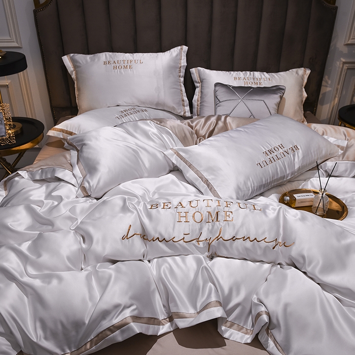 91家纺网 家纺一手货源 找家纺 首尔家纺 2026春夏新款水洗真丝绣花四件套寐系列 本白