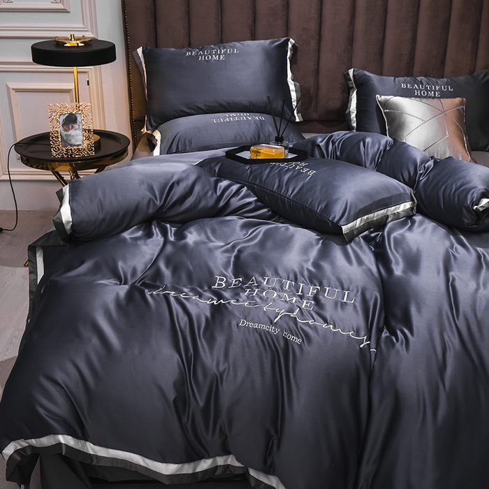 91家纺网 家纺一手货源 找家纺 首尔家纺 2026春夏新款水洗真丝绣花四件套寐系列 灰蓝