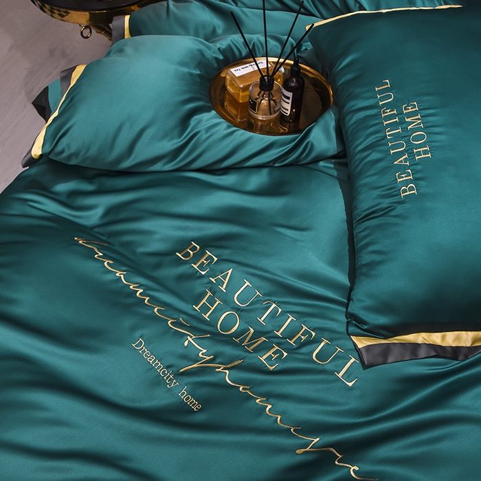 91家纺网 家纺一手货源 找家纺 首尔家纺 2026春夏新款水洗真丝绣花四件套寐系列 原野绿