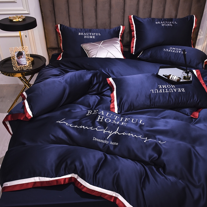 91家纺网 家纺一手货源 找家纺 首尔家纺 2026春夏新款水洗真丝绣花四件套寐系列 深蓝