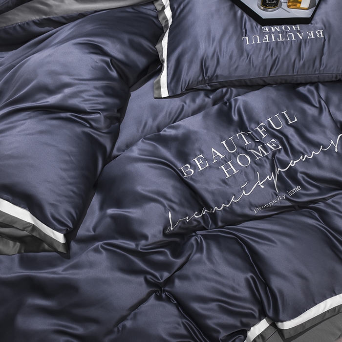 91家纺网 家纺一手货源 找家纺 首尔家纺 2026春夏新款水洗真丝绣花四件套寐系列 灰蓝