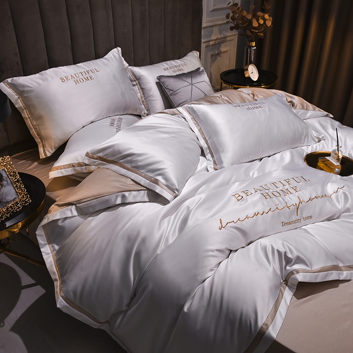 91家纺网 家纺一手货源 找家纺 首尔家纺 2026春夏新款水洗真丝绣花四件套寐系列 本白