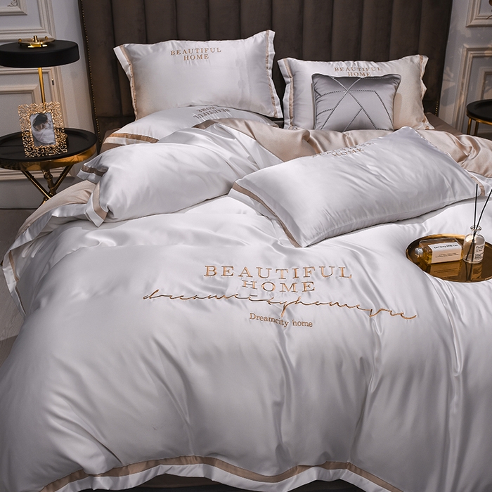 91家纺网 家纺一手货源 找家纺 首尔家纺 2026春夏新款水洗真丝绣花四件套寐系列 本白