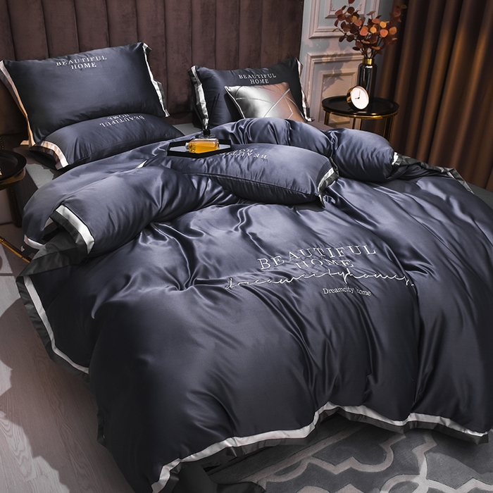 91家纺网 家纺一手货源 找家纺 首尔家纺 2026春夏新款水洗真丝绣花四件套寐系列 灰蓝