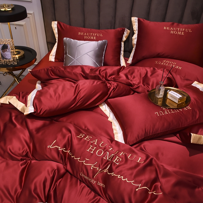 91家纺网 家纺一手货源 找家纺 首尔家纺 2026春夏新款水洗真丝绣花四件套寐系列 石榴红