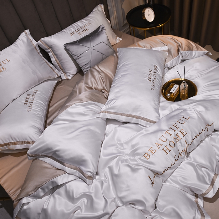 91家纺网 家纺一手货源 找家纺 首尔家纺 2026春夏新款水洗真丝绣花四件套寐系列 本白