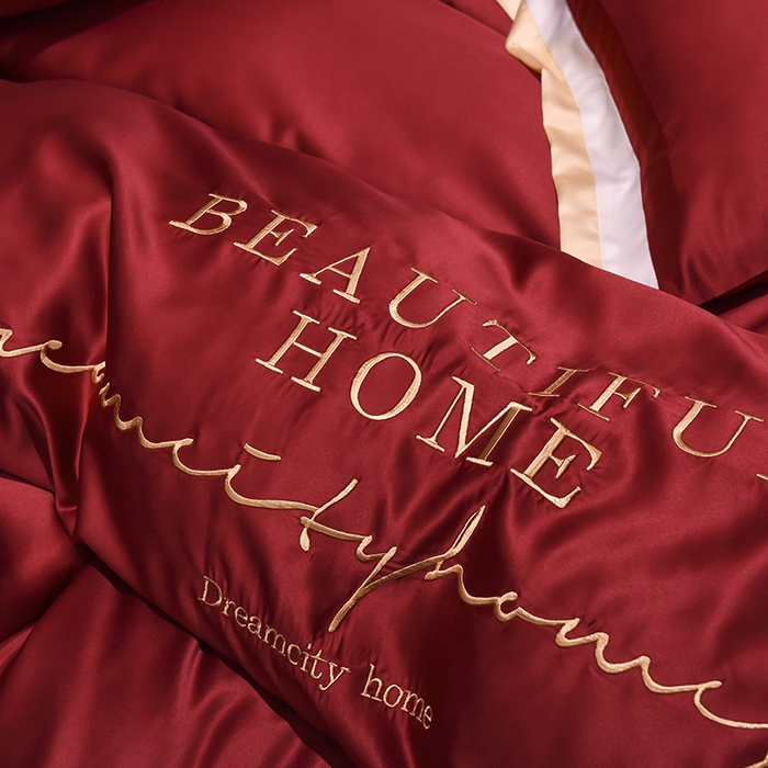 91家纺网 家纺一手货源 找家纺 首尔家纺 2026春夏新款水洗真丝绣花四件套寐系列 石榴红