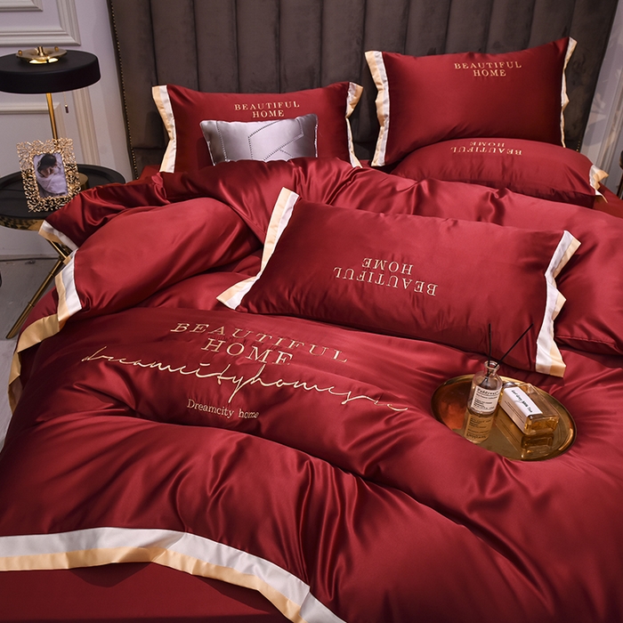 91家纺网 家纺一手货源 找家纺 首尔家纺 2026春夏新款水洗真丝绣花四件套寐系列 石榴红