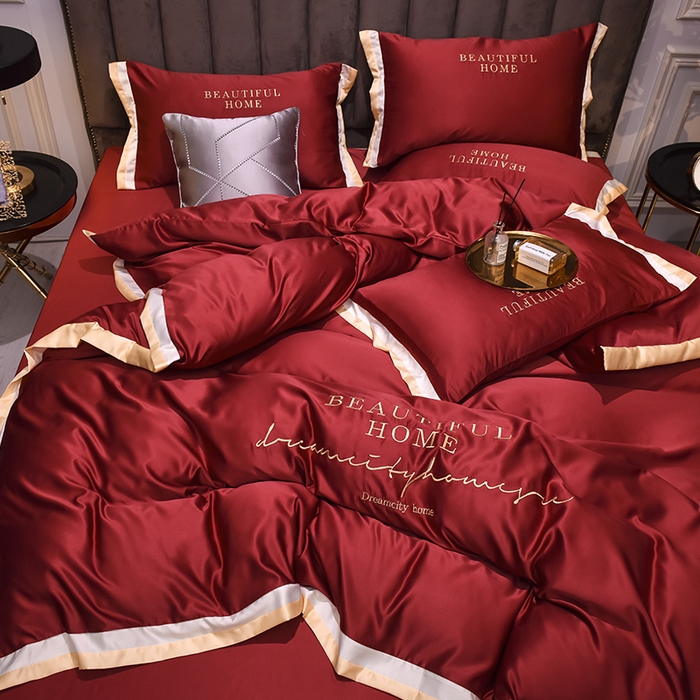 91家纺网 家纺一手货源 找家纺 首尔家纺 2026春夏新款水洗真丝绣花四件套寐系列 石榴红