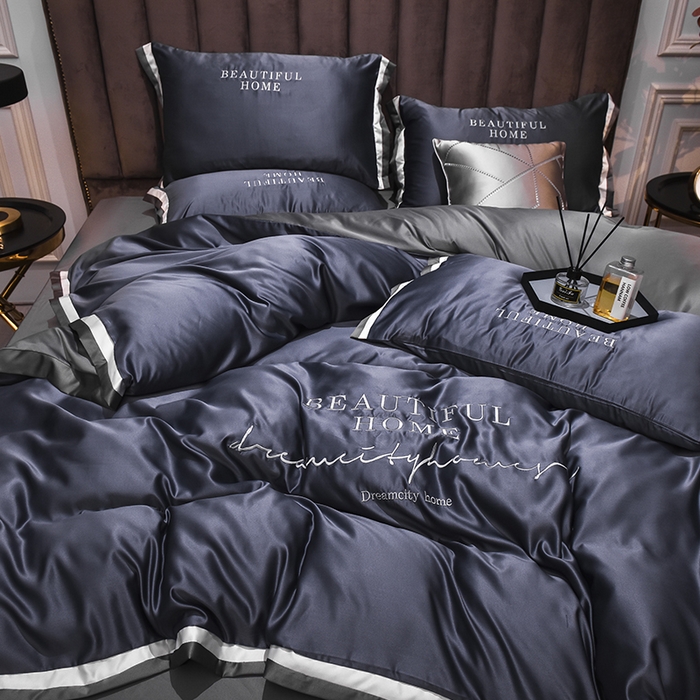 91家纺网 家纺一手货源 找家纺 首尔家纺 2026春夏新款水洗真丝绣花四件套寐系列 灰蓝