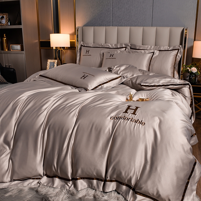 首尔家纺 2026新款水洗真丝绣花四件套H系列 H-浅卡其