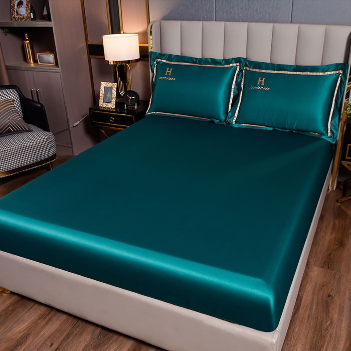 91家纺网 家纺一手货源 找家纺 首尔家纺 2026新款水洗真丝绣花四件套H系列 H-钢质绿