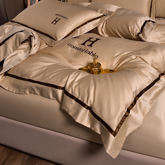 91家纺网 家纺一手货源 找家纺 首尔家纺 2026新款水洗真丝绣花四件套H系列 H-魔法金