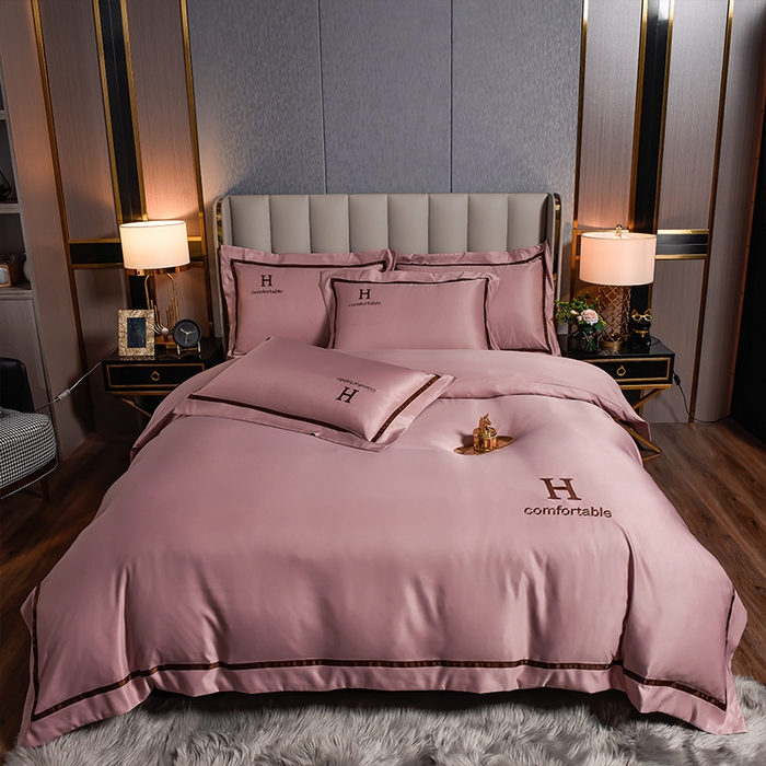 91家纺网 家纺一手货源 找家纺 首尔家纺 2026新款水洗真丝绣花四件套H系列 H-文雅粉