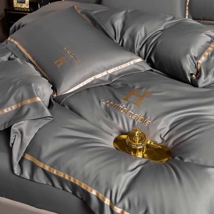 91家纺网 家纺一手货源 找家纺 首尔家纺 2026新款水洗真丝绣花四件套H系列 H-浅灰