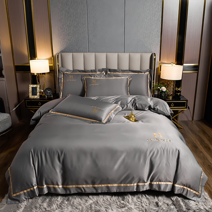 91家纺网 家纺一手货源 找家纺 首尔家纺 2026新款水洗真丝绣花四件套H系列 H-浅灰