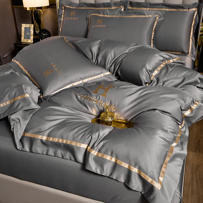 91家纺网 家纺一手货源 找家纺 首尔家纺 2026新款水洗真丝绣花四件套H系列 H-浅灰