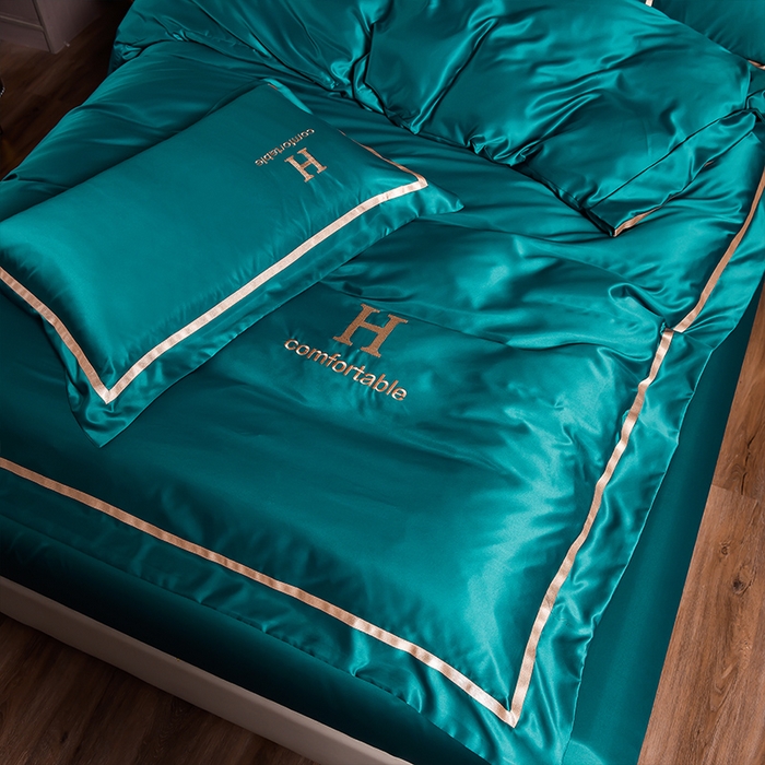 91家纺网 家纺一手货源 找家纺 首尔家纺 2026新款水洗真丝绣花四件套H系列 H-钢质绿