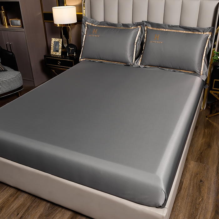 91家纺网 家纺一手货源 找家纺 首尔家纺 2026新款水洗真丝绣花四件套H系列 H-浅灰