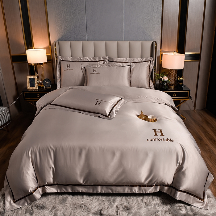 91家纺网 家纺一手货源 找家纺 首尔家纺 2026新款水洗真丝绣花四件套H系列 H-浅卡其