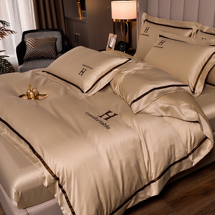 91家纺网 家纺一手货源 找家纺 首尔家纺 2026新款水洗真丝绣花四件套H系列 H-魔法金