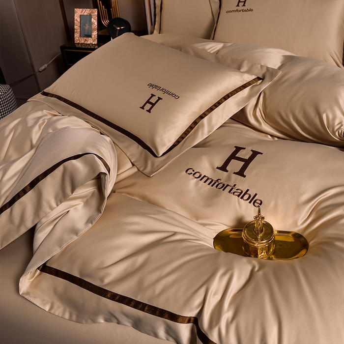 91家纺网 家纺一手货源 找家纺 首尔家纺 2026新款水洗真丝绣花四件套H系列 H-魔法金