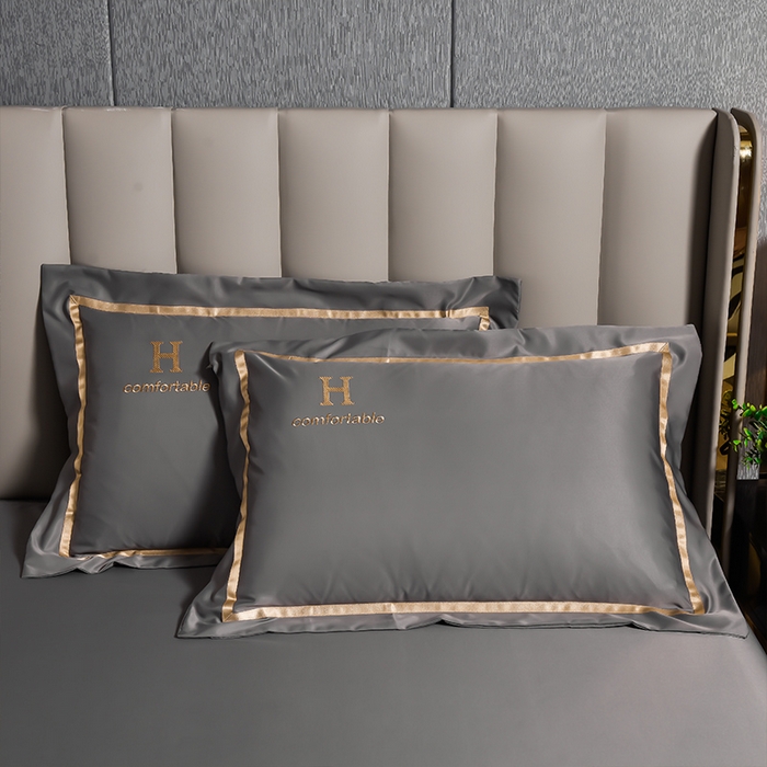 91家纺网 家纺一手货源 找家纺 首尔家纺 2026新款水洗真丝绣花四件套H系列 H-浅灰