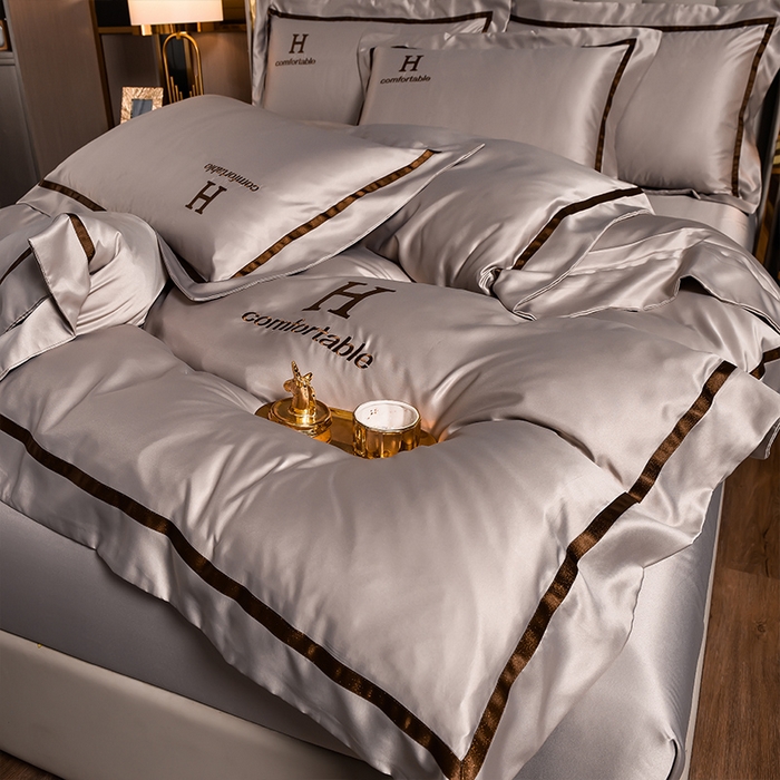 91家纺网 家纺一手货源 找家纺 首尔家纺 2026新款水洗真丝绣花四件套H系列 H-浅卡其