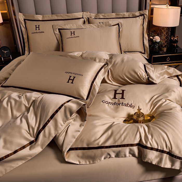 91家纺网 家纺一手货源 找家纺 首尔家纺 2026新款水洗真丝绣花四件套H系列 H-魔法金