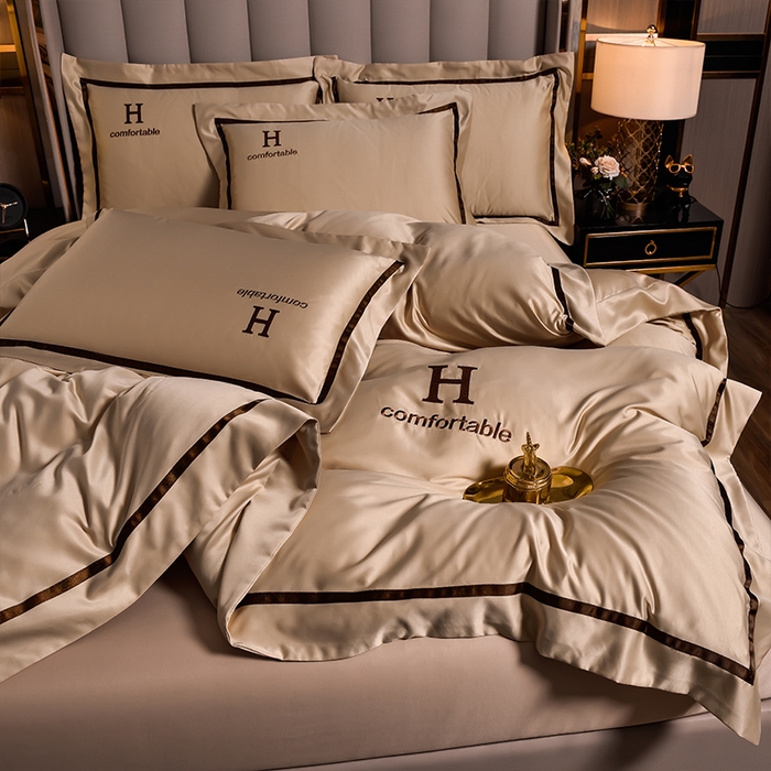 91家纺网 家纺一手货源 找家纺 首尔家纺 2026新款水洗真丝绣花四件套H系列 H-魔法金