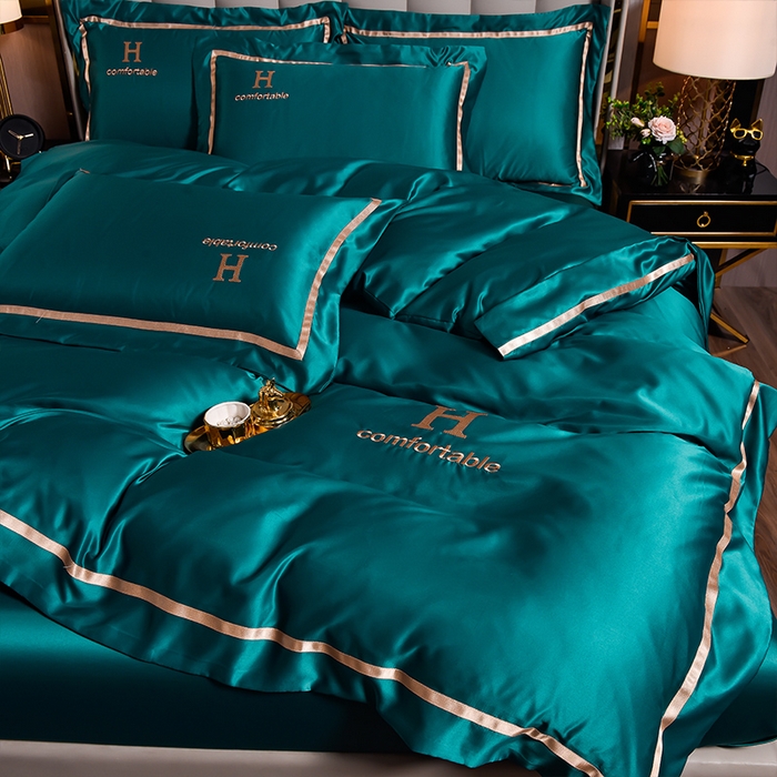 91家纺网 家纺一手货源 找家纺 首尔家纺 2026新款水洗真丝绣花四件套H系列 H-钢质绿