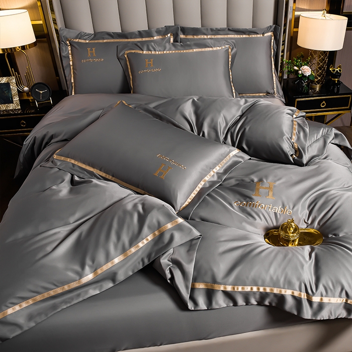 91家纺网 家纺一手货源 找家纺 首尔家纺 2026新款水洗真丝绣花四件套H系列 H-浅灰