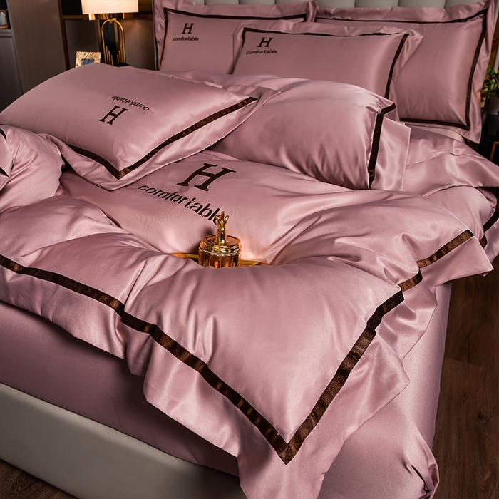 91家纺网 家纺一手货源 找家纺 首尔家纺 2026新款水洗真丝绣花四件套H系列 H-文雅粉