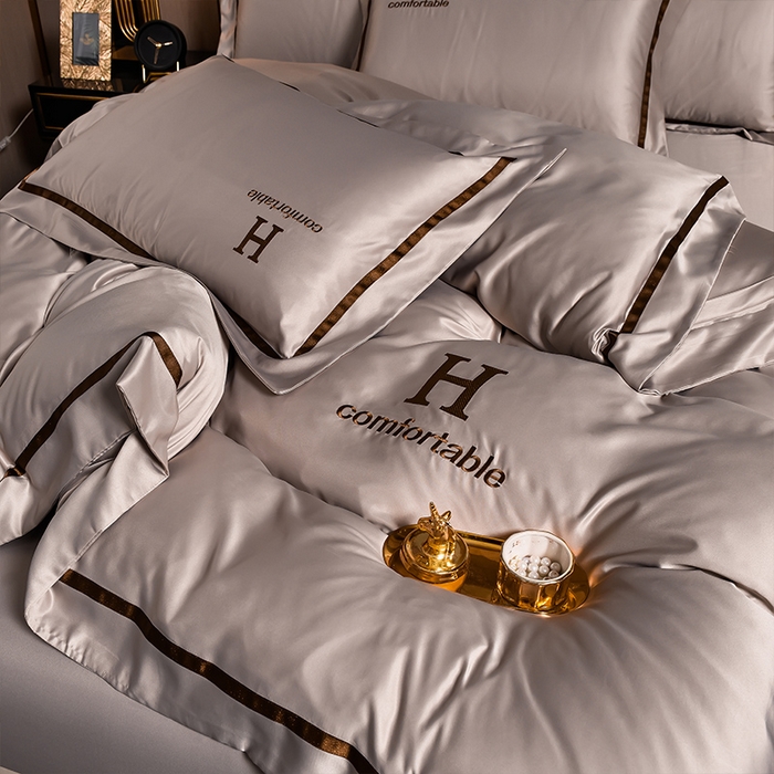 91家纺网 家纺一手货源 找家纺 首尔家纺 2026新款水洗真丝绣花四件套H系列 H-浅卡其