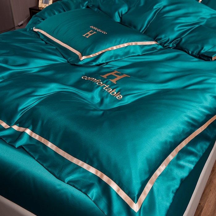 91家纺网 家纺一手货源 找家纺 首尔家纺 2026新款水洗真丝绣花四件套H系列 H-钢质绿