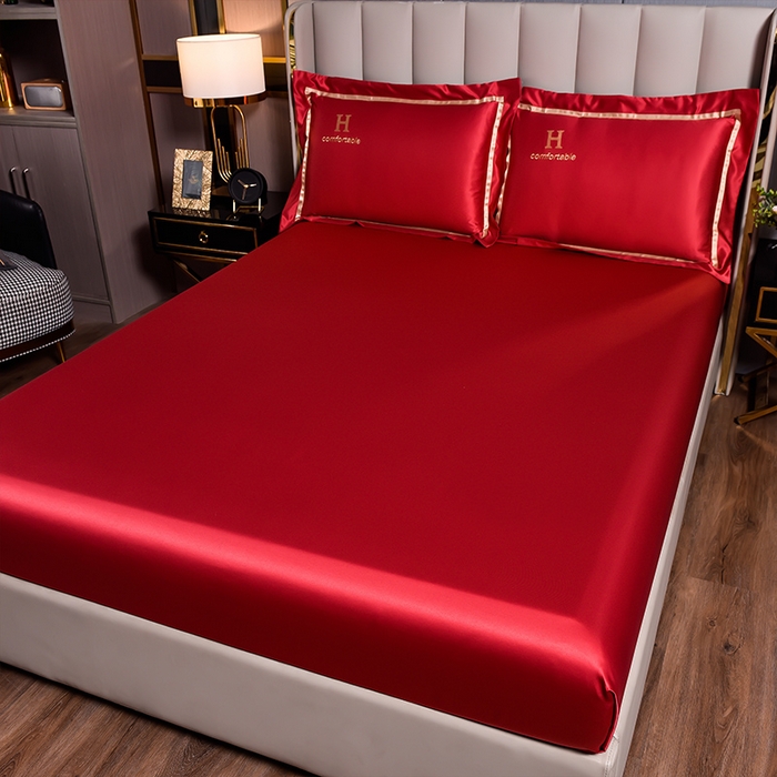 91家纺网 家纺一手货源 找家纺 首尔家纺 2026新款水洗真丝绣花四件套H系列 H-玛瑙红