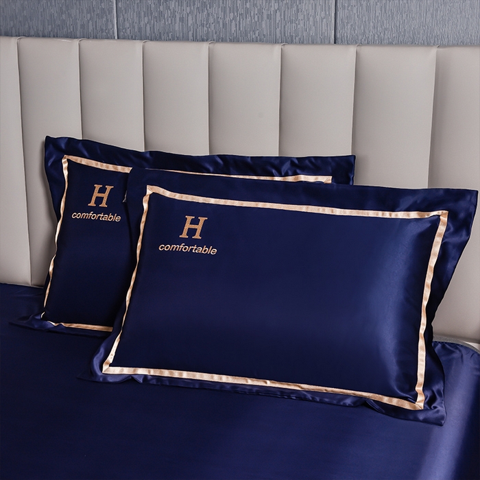 91家纺网 家纺一手货源 找家纺 首尔家纺 2026新款水洗真丝绣花四件套H系列 H-深蓝