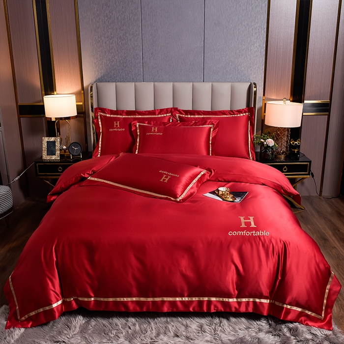 91家纺网 家纺一手货源 找家纺 首尔家纺 2026新款水洗真丝绣花四件套H系列 H-玛瑙红