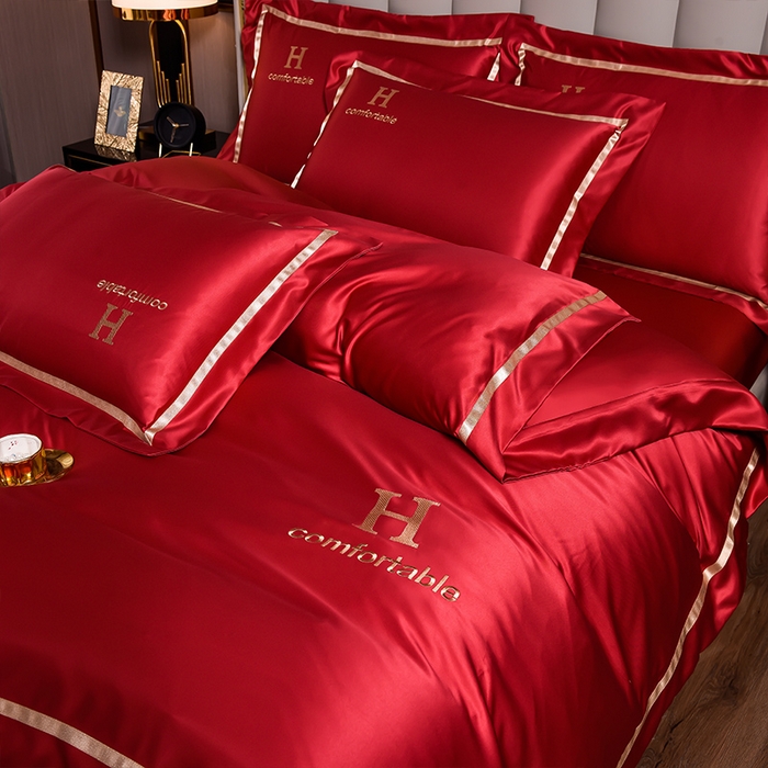 91家纺网 家纺一手货源 找家纺 首尔家纺 2026新款水洗真丝绣花四件套H系列 H-玛瑙红