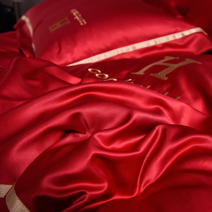 91家纺网 家纺一手货源 找家纺 首尔家纺 2026新款水洗真丝绣花四件套H系列 H-玛瑙红