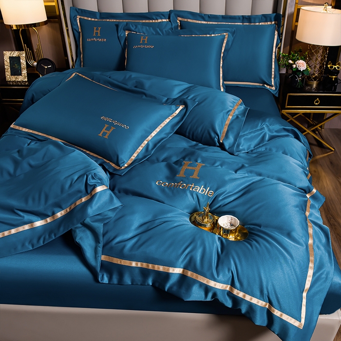 91家纺网 家纺一手货源 找家纺 首尔家纺 2026新款水洗真丝绣花四件套H系列 H-科技蓝