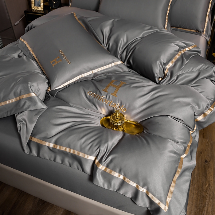 91家纺网 家纺一手货源 找家纺 首尔家纺 2026新款水洗真丝绣花四件套H系列 H-浅灰