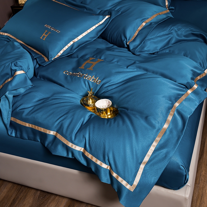 91家纺网 家纺一手货源 找家纺 首尔家纺 2026新款水洗真丝绣花四件套H系列 H-科技蓝